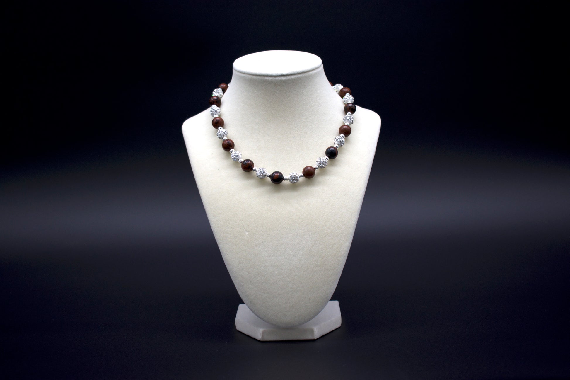 Custom beaded mahogany obsidian necklace from Ancient Wellness, handcrafted with genuine mahogany obsidian crystals, symbolizing strength, protection, and personal growth, suitable for both men and women.