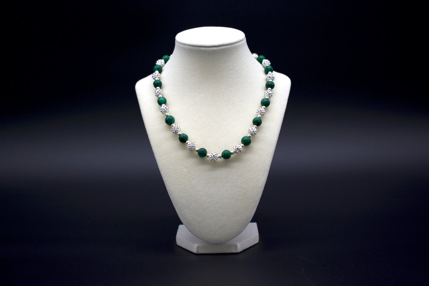 Custom beaded malachite necklace from Ancient Wellness, handcrafted with genuine malachite crystals, symbolizing transformation, protection, and emotional healing, suitable for both men and women.