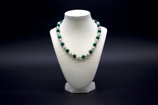 Custom beaded malachite necklace from Ancient Wellness, handcrafted with genuine malachite crystals, symbolizing transformation, protection, and emotional healing, suitable for both men and women.