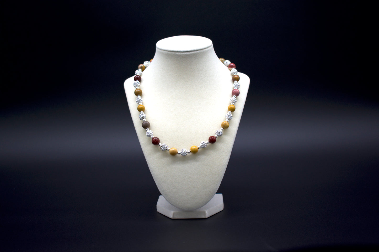 Custom beaded mookaite jasper necklace from Ancient Wellness, handcrafted with genuine mookaite jasper crystals, symbolizing vitality, confidence, and emotional healing, suitable for both men and women.