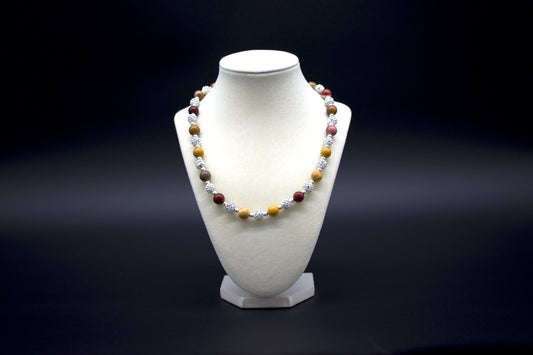 Custom beaded mookaite jasper necklace from Ancient Wellness, handcrafted with genuine mookaite jasper crystals, symbolizing vitality, confidence, and emotional healing, suitable for both men and women.