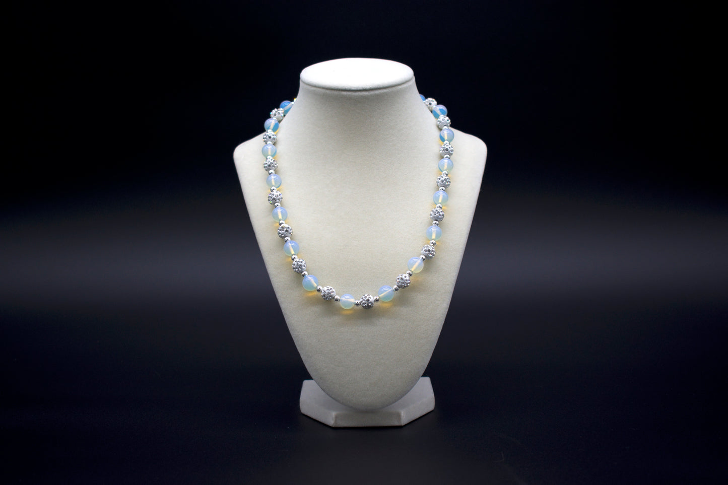 Custom beaded opalite necklace from Ancient Wellness, handcrafted with genuine opalite crystals, symbolizing transformation, emotional healing, and spiritual growth, suitable for both men and women.