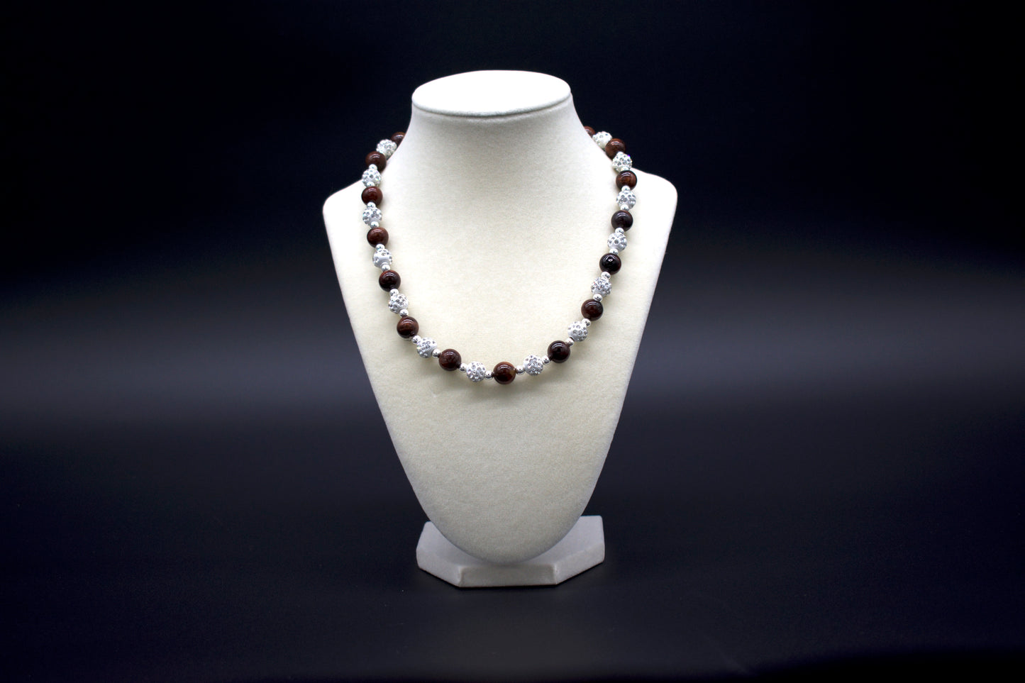 Custom beaded red tiger's eye necklace from Ancient Wellness, handcrafted with genuine red tiger's eye crystals, symbolizing strength, courage, and motivation, suitable for both men and women.