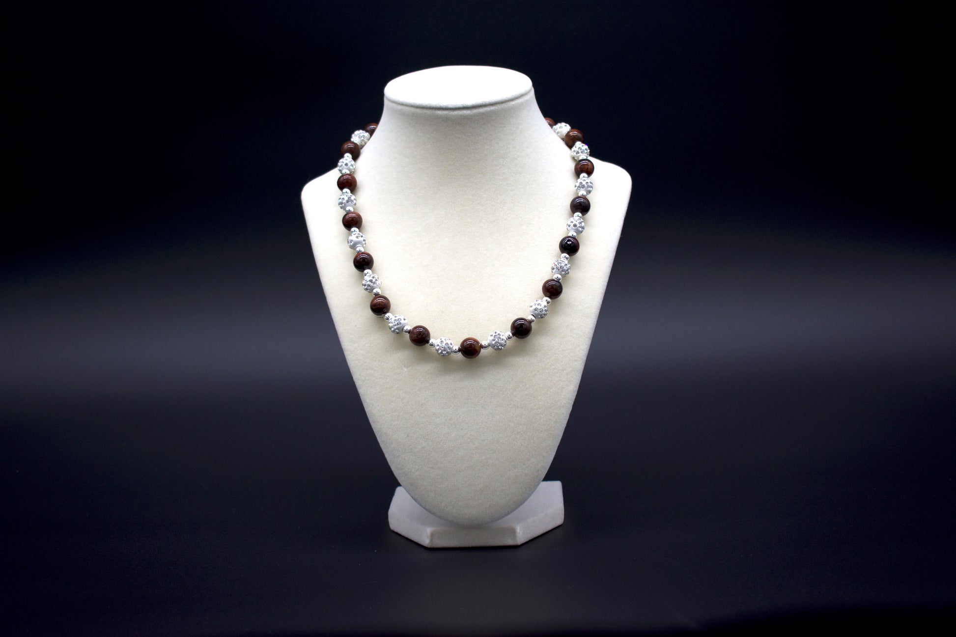 Custom beaded red tiger's eye necklace from Ancient Wellness, handcrafted with genuine red tiger's eye crystals, symbolizing strength, courage, and motivation, suitable for both men and women.