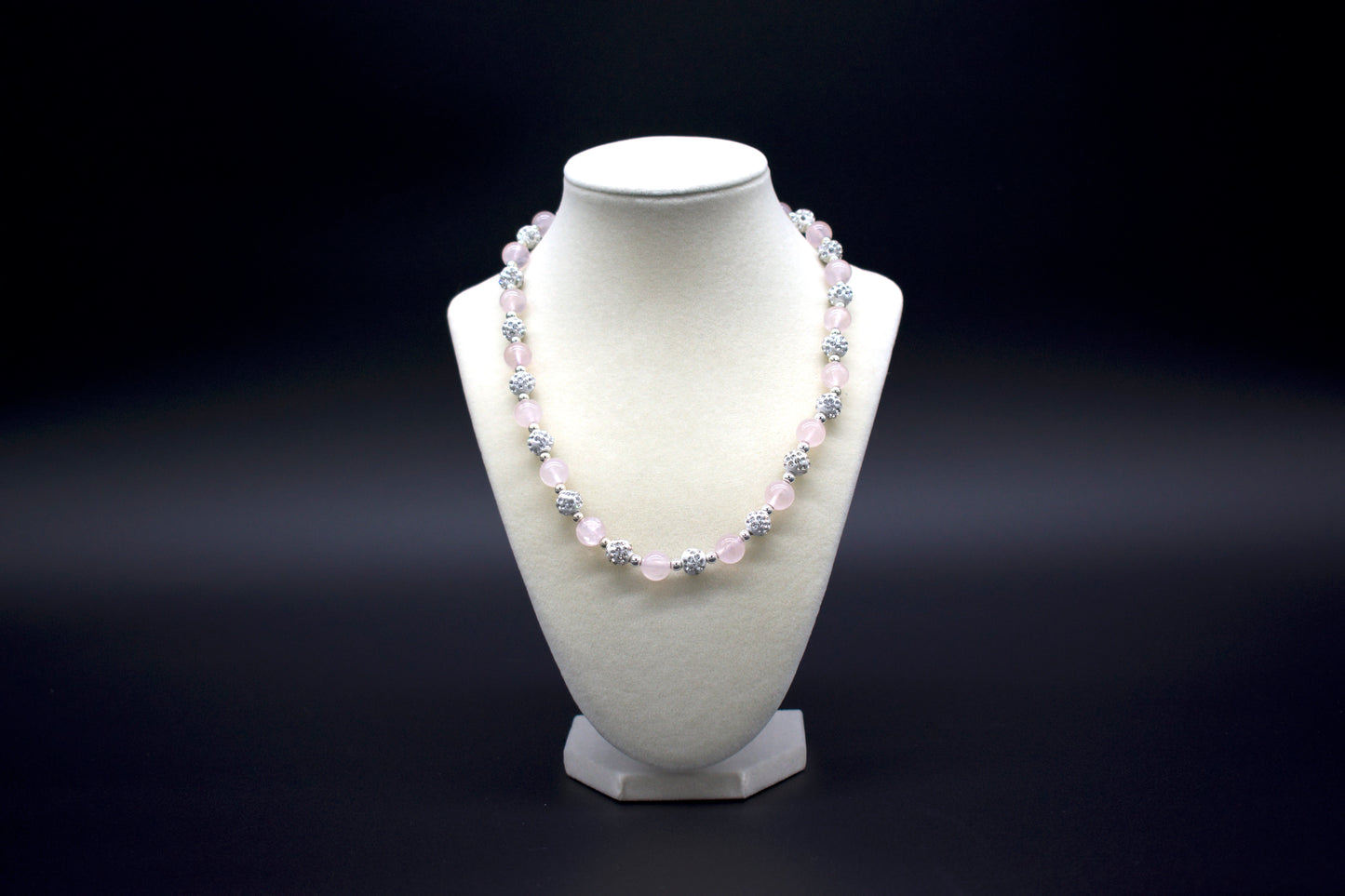 Custom beaded rose quartz necklace from Ancient Wellness, handcrafted with genuine rose quartz crystals, symbolizing love, compassion, and emotional healing, suitable for both men and women.