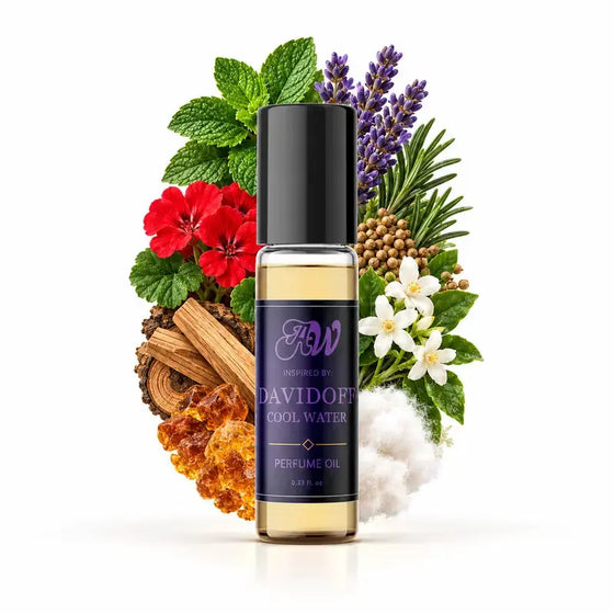 Ancient Wellness men’s alcohol-free perfume oil inspired by Davidoff: Cool Water with fragrance notes and bottle