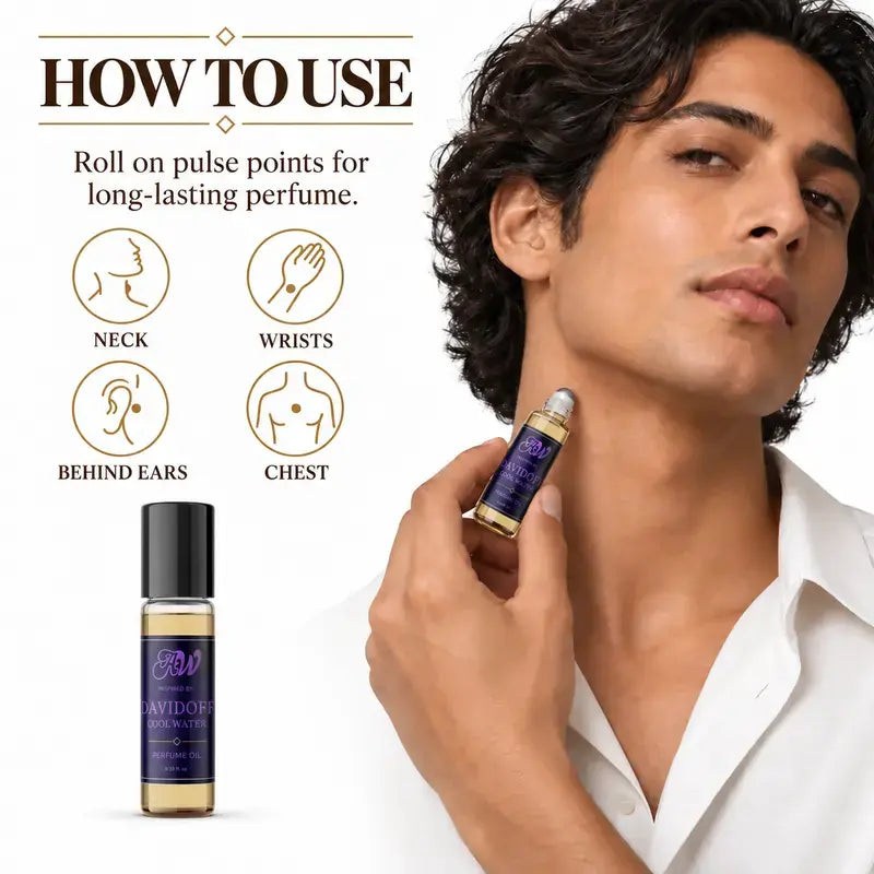 How to apply Ancient Wellness men’s alcohol-free perfume oil inspired by Davidoff: Cool Water
