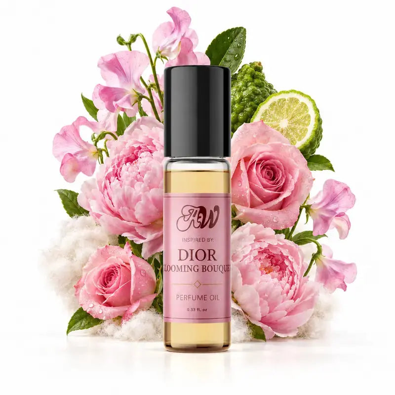 Ancient Wellness women’s alcohol-free perfume oil inspired by Dior: Blooming Bouquet with fragrance notes and bottle