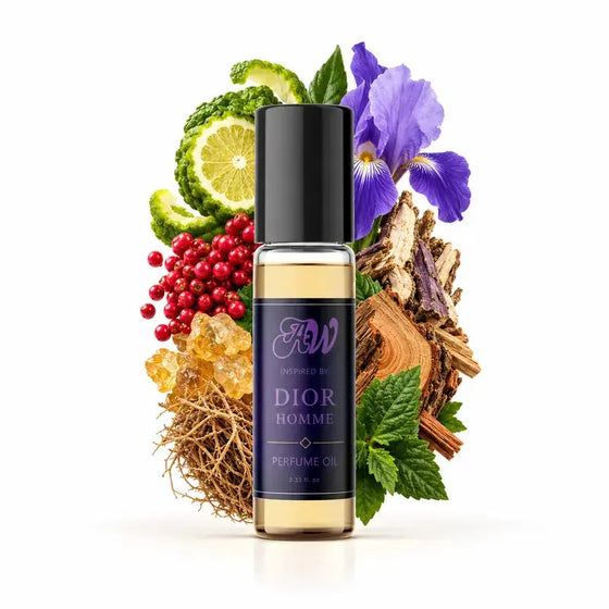 Ancient Wellness men’s alcohol-free perfume oil inspired by Dior: Homme with fragrance notes and bottle
