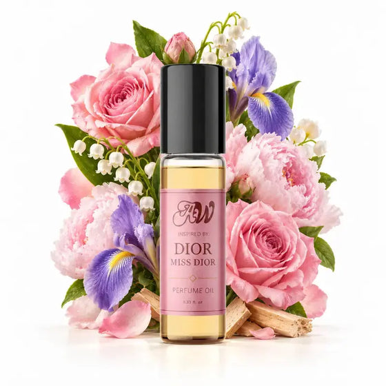 Ancient Wellness women’s alcohol-free perfume oil inspired by Dior: Miss Dior with fragrance notes and bottle