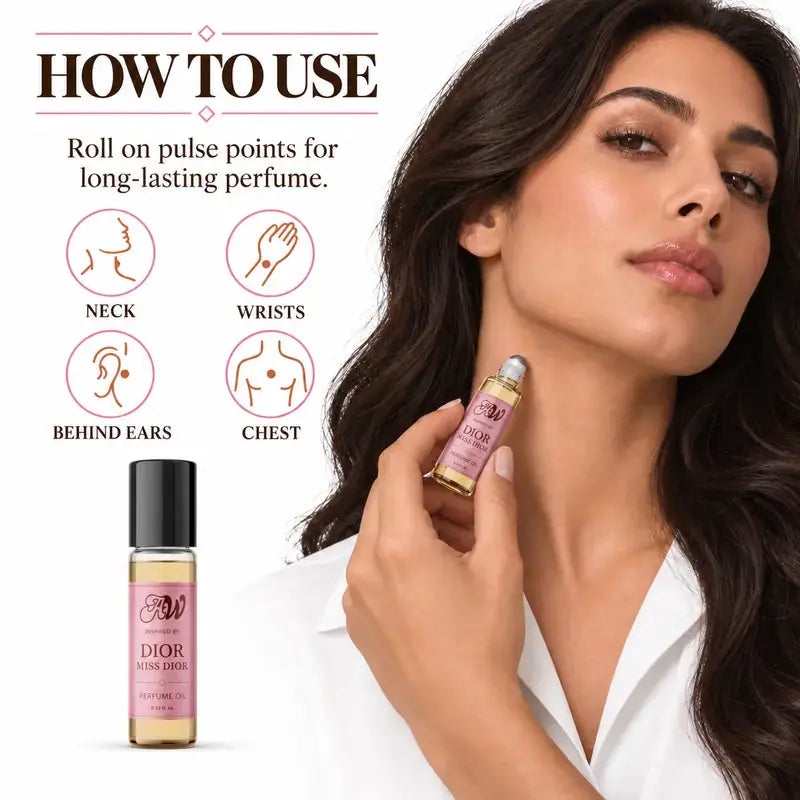 How to apply Ancient Wellness women’s alcohol-free perfume oil inspired by Dior: Miss Dior