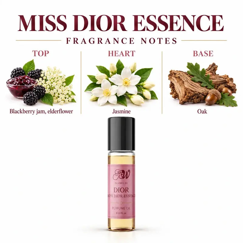 Ancient Wellness women’s alcohol-free perfume oil inspired by Dior: Miss Dior Essence with fragrance notes and bottle