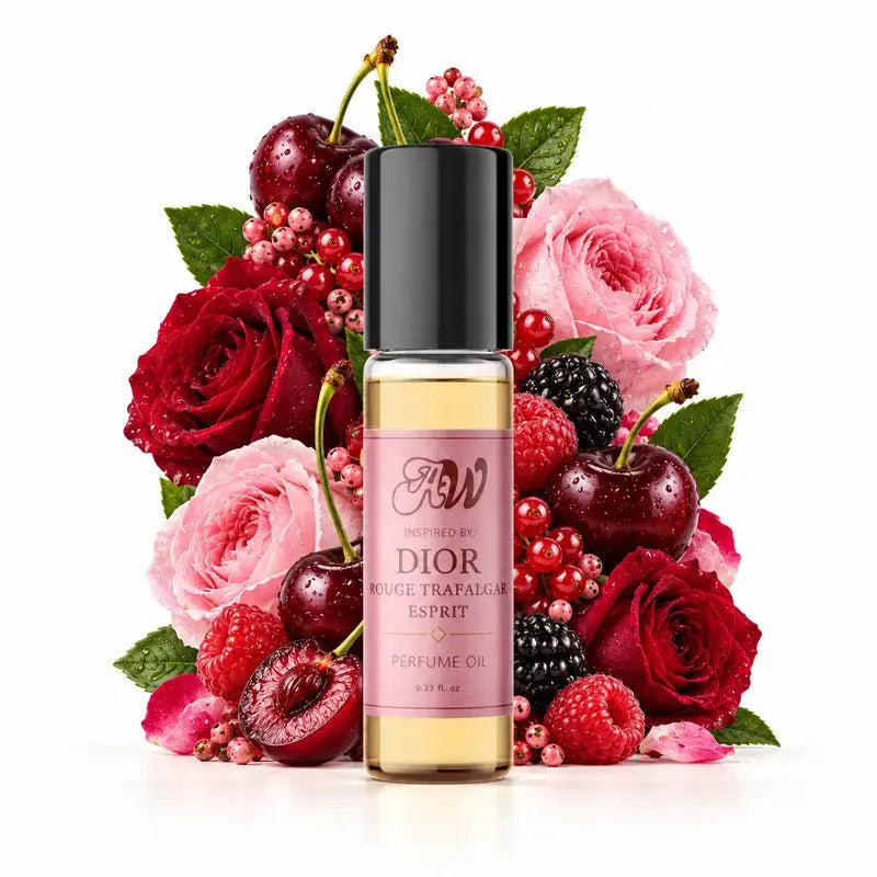 Ancient Wellness women’s alcohol-free perfume oil inspired by Dior: Rouge Trafalgar Esprit with fragrance notes and bottle