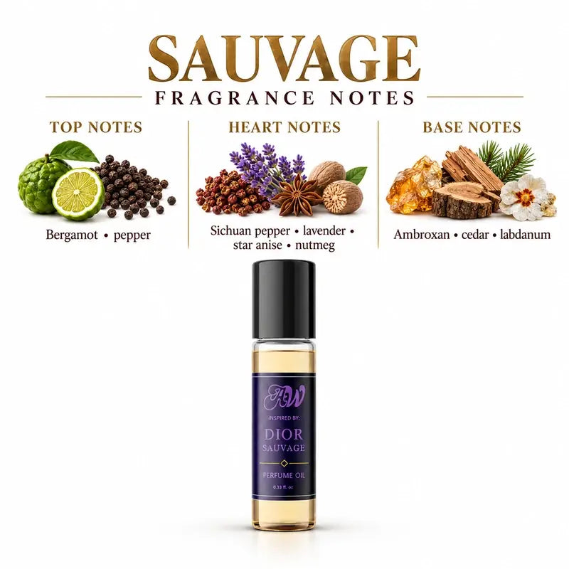 Fragrance notes guide for Ancient Wellness men’s alcohol-free perfume oil inspired by Dior: Sauvage