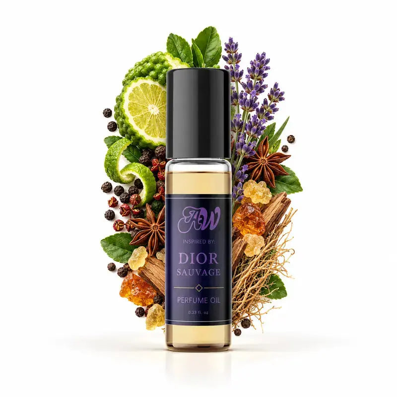 Ancient Wellness men’s alcohol-free perfume oil inspired by Dior: Sauvage with fragrance notes and bottle