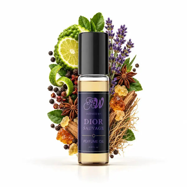 Ancient Wellness men’s alcohol-free perfume oil inspired by Dior: Sauvage with fragrance notes and bottle