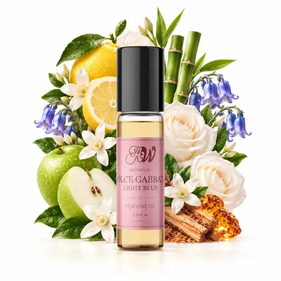Ancient Wellness women’s alcohol-free perfume oil inspired by Dolce & Gabbana: Light Blue with fragrance notes and bottle