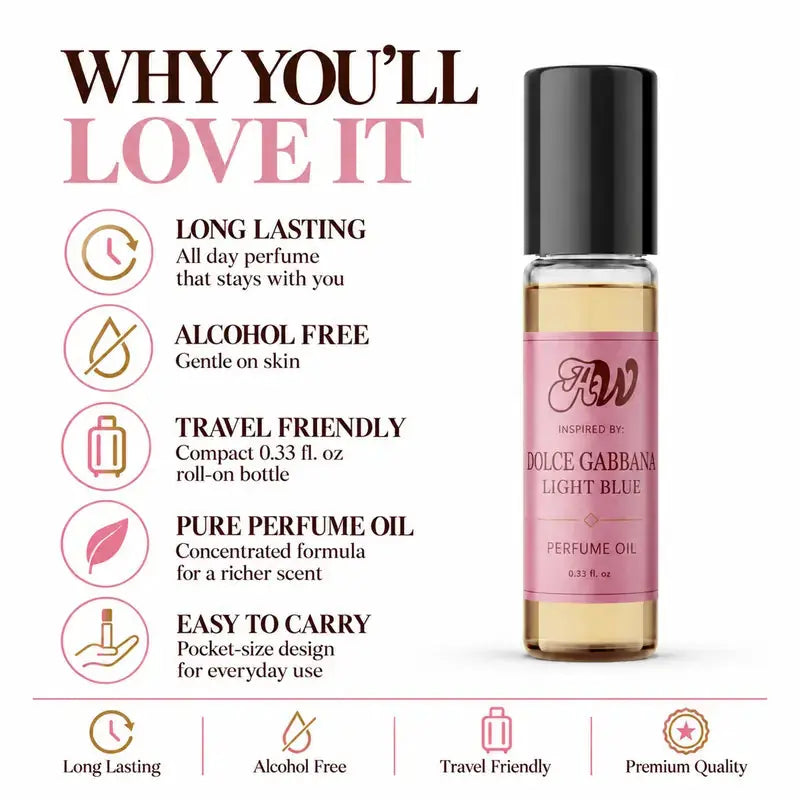 Why you will love Ancient Wellness women’s alcohol-free perfume oil inspired by Dolce & Gabbana: Light Blue