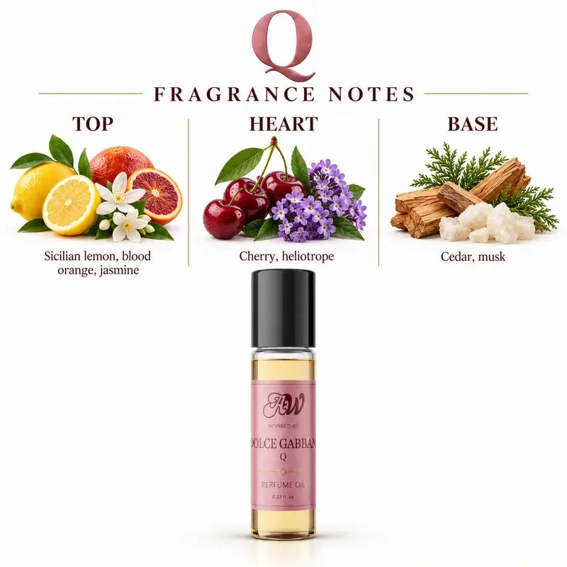 Fragrance notes guide for Ancient Wellness women’s alcohol-free perfume oil inspired by Dolce & Gabbana: Q