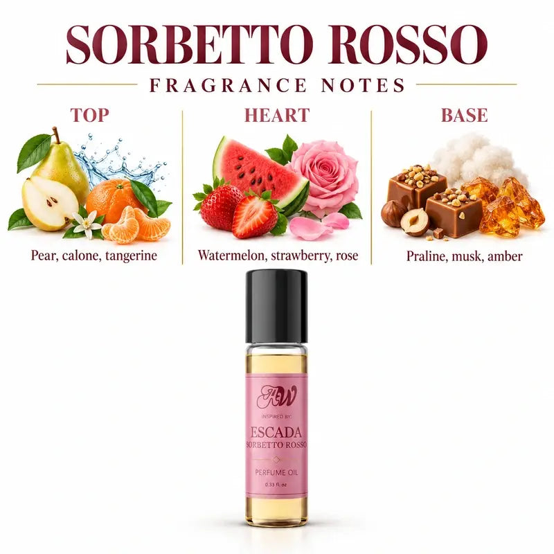 Ancient Wellness women’s alcohol-free perfume oil inspired by Escada: Sorbetto Rosso with fragrance notes and bottle