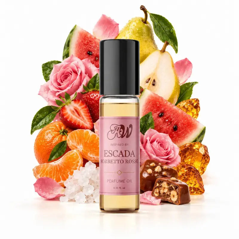 Ancient Wellness women’s alcohol-free perfume oil inspired by Escada: Sorbetto Rosso with fragrance notes and bottle