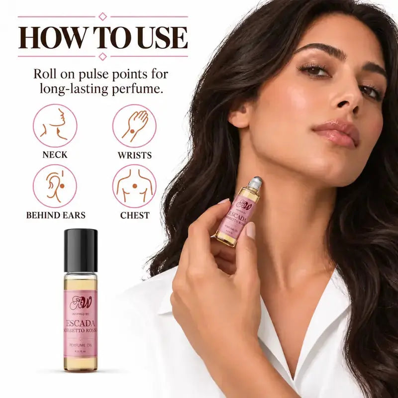 How to apply Ancient Wellness women’s alcohol-free perfume oil inspired by Escada: Sorbetto Rosso
