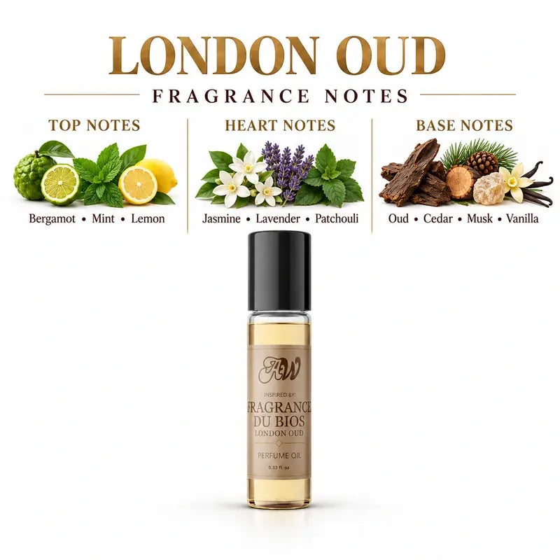 Fragrance notes guide for Ancient Wellness unisex alcohol-free perfume oil inspired by Fragrance Du Bois: London Oud