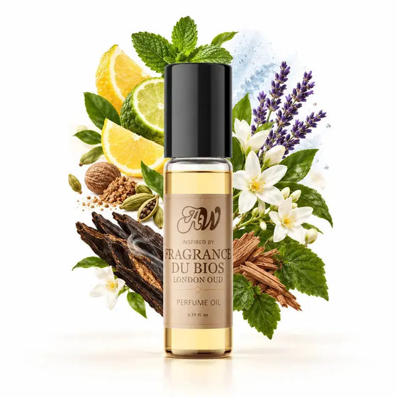 Ancient Wellness unisex alcohol-free perfume oil inspired by Fragrance Du Bois: London Oud with fragrance notes and bottle