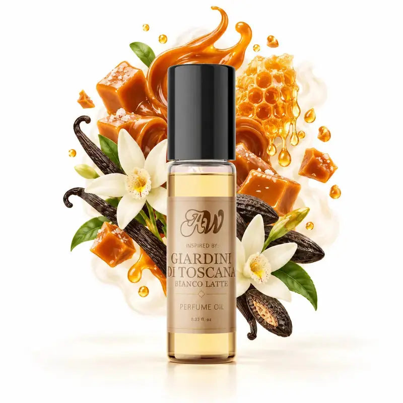Ancient Wellness unisex alcohol-free perfume oil inspired by Giardini Di Toscana: Bianco Latte with fragrance notes and bottle