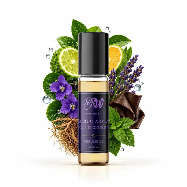 Ancient Wellness men’s alcohol-free perfume oil inspired by Giorgio Armani: Acqua Di Gio Elixir with fragrance notes and bottle