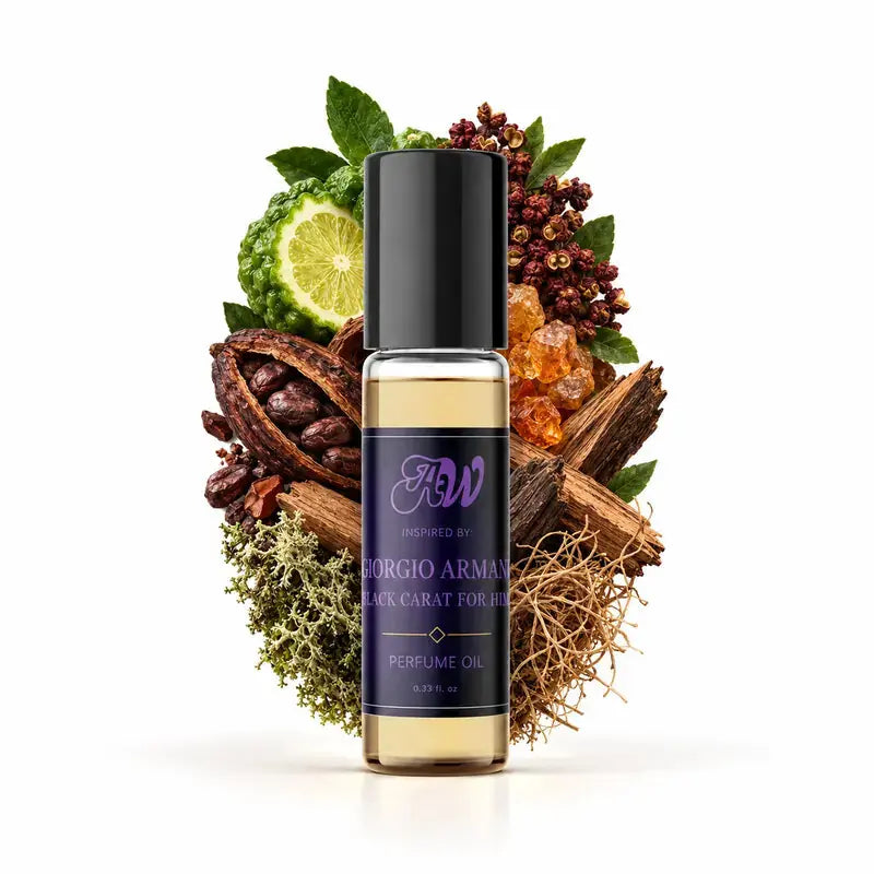Ancient Wellness men’s alcohol-free perfume oil inspired by Giorgio Armani: Black Carat For Him with fragrance notes and bottle