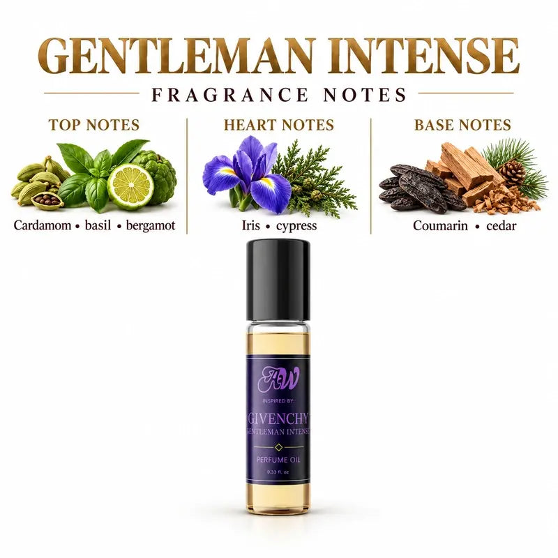 Ancient Wellness men’s alcohol-free perfume oil inspired by Givenchy: Gentleman Intense with fragrance notes and bottle