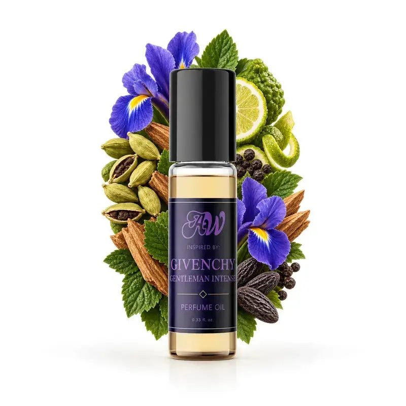Ancient Wellness men’s alcohol-free perfume oil inspired by Givenchy: Gentleman Intense with fragrance notes and bottle
