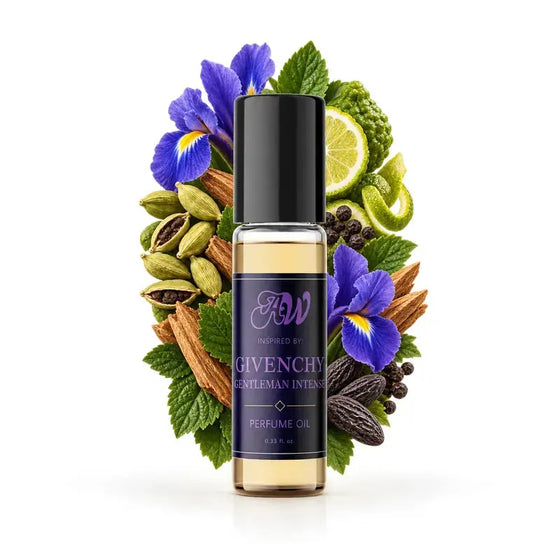 Ancient Wellness men’s alcohol-free perfume oil inspired by Givenchy: Gentleman Intense with fragrance notes and bottle