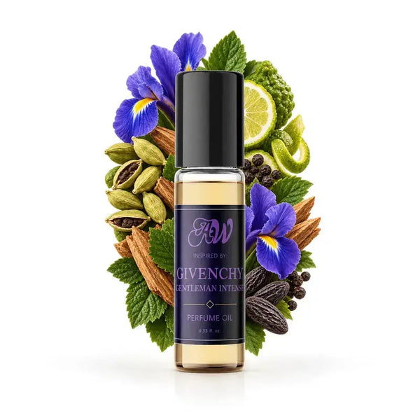 Ancient Wellness men’s alcohol-free perfume oil inspired by Givenchy: Gentleman Intense with fragrance notes and bottle