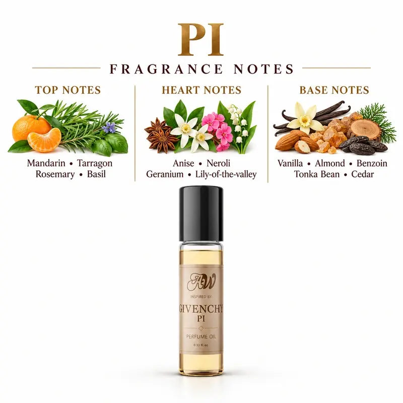 Fragrance notes guide for Ancient Wellness unisex alcohol-free perfume oil inspired by Givenchy: Pi