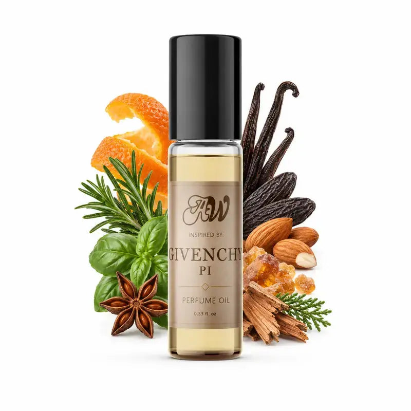 Ancient Wellness unisex alcohol-free perfume oil inspired by Givenchy: Pi with fragrance notes and bottle