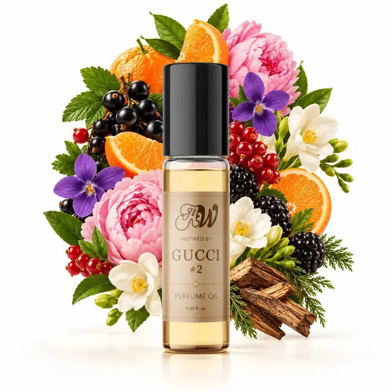 Ancient Wellness unisex alcohol-free perfume oil inspired by Gucci: 2 with fragrance notes and bottle