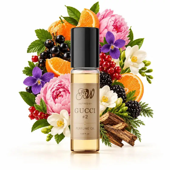 Ancient Wellness unisex alcohol-free perfume oil inspired by Gucci: 2 with fragrance notes and bottle
