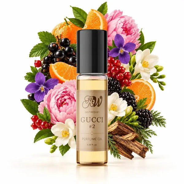 Ancient Wellness unisex alcohol-free perfume oil inspired by Gucci: 2 with fragrance notes and bottle