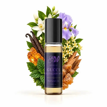 Ancient Wellness men’s alcohol-free perfume oil inspired by Gucci: Guilty Elixir with fragrance notes and bottle