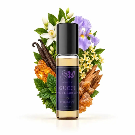 Ancient Wellness men’s alcohol-free perfume oil inspired by Gucci: Guilty Elixir with fragrance notes and bottle