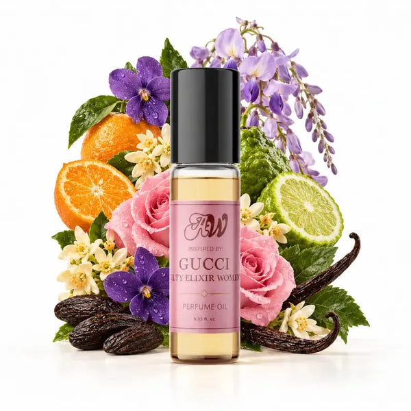 Ancient Wellness women’s alcohol-free perfume oil inspired by Gucci: Guilty Elixir with fragrance notes and bottle
