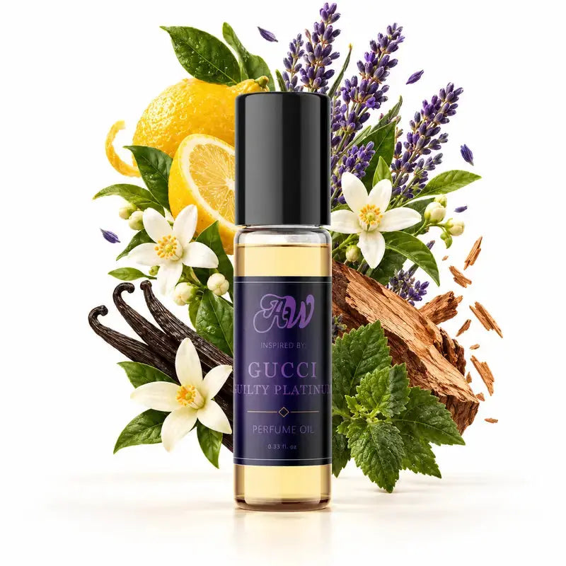 Ancient Wellness men’s alcohol-free perfume oil inspired by Gucci: Guilty Platinum with fragrance notes and bottle