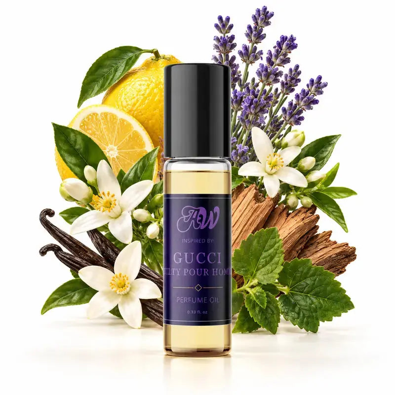 Ancient Wellness men’s alcohol-free perfume oil inspired by Gucci: Guilty Pour Homme with fragrance notes and bottle