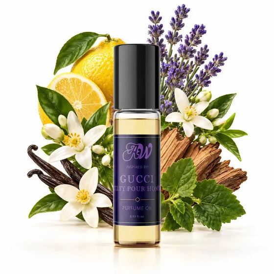 Ancient Wellness men’s alcohol-free perfume oil inspired by Gucci: Guilty Pour Homme with fragrance notes and bottle