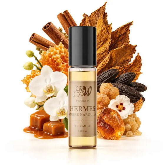 Ancient Wellness unisex alcohol-free perfume oil inspired by Hermes: Ambre Narguile with fragrance notes and bottle