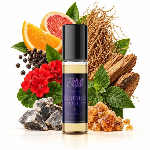 Ancient Wellness men’s alcohol-free perfume oil inspired by Hermes: Terre D'Hermes with fragrance notes and bottle