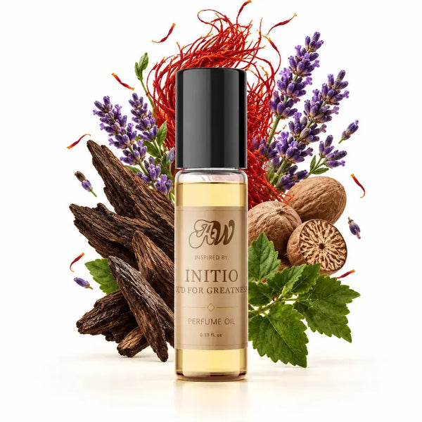 Ancient Wellness unisex alcohol-free perfume oil inspired by Initio: Oud For Greatness with fragrance notes and bottle
