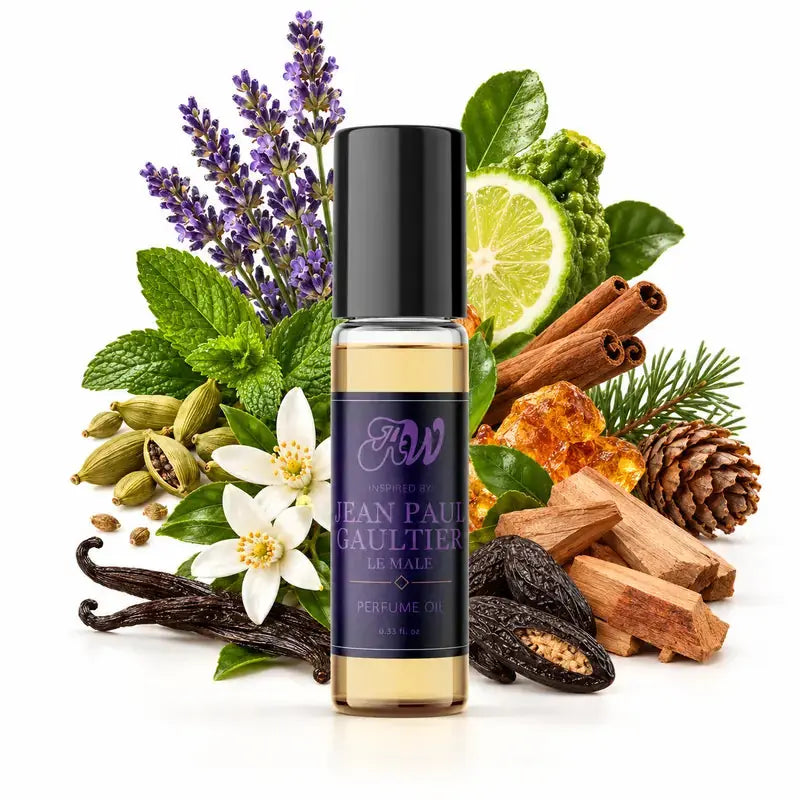 Ancient Wellness men’s alcohol-free perfume oil inspired by Jean Paul Gaultier: Le Male with fragrance notes and bottle
